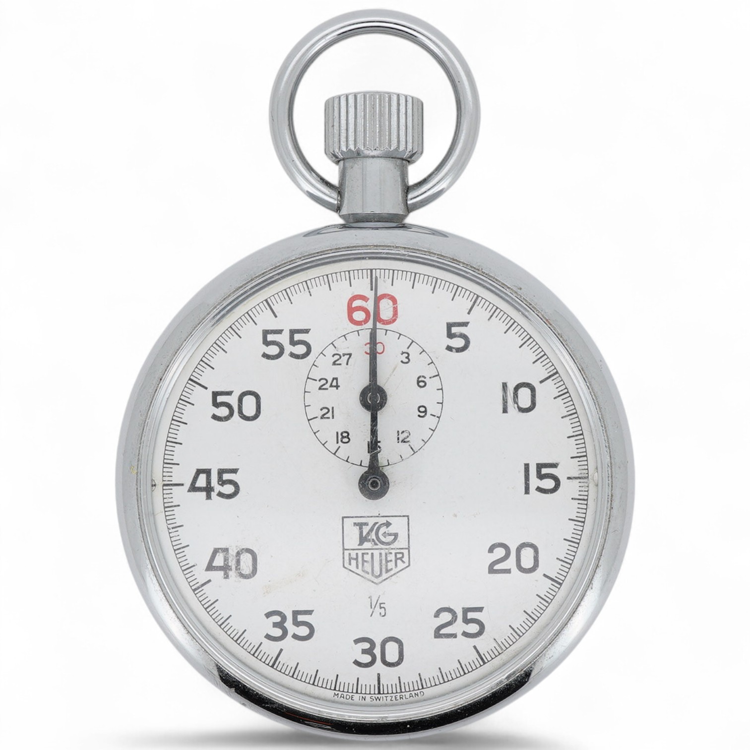 A chrome cased Tag Heuer stopwatch, the back with original red sticker, case diameter 50mm.